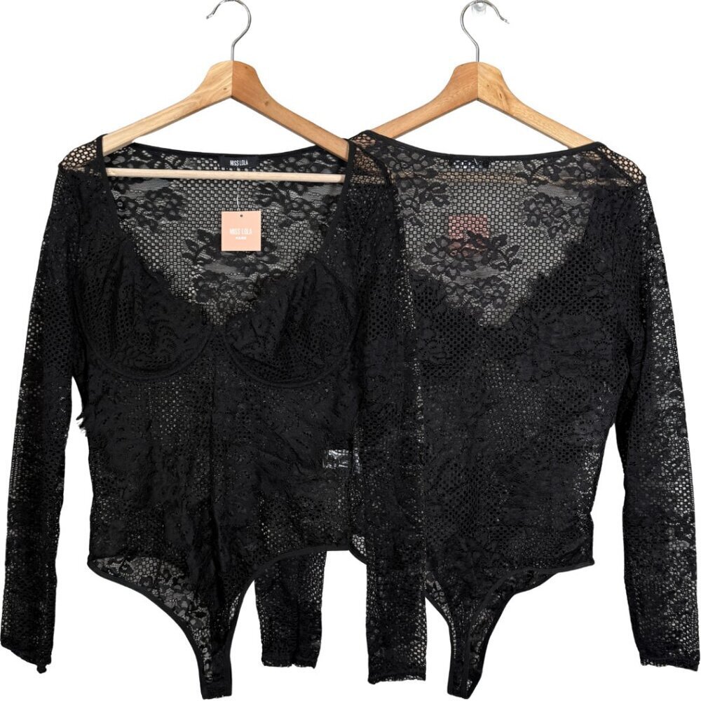 Miss Lola Long Sleeve Lace Sheer Bodysuit Women's 2XL Black Underwire Party NWT